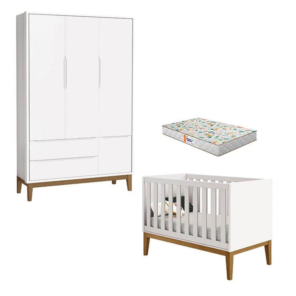 Berço Americano e Guarda Roupa 3 Portas New Classic Branco com Pés Madeira e Colchão Gazin - Reller