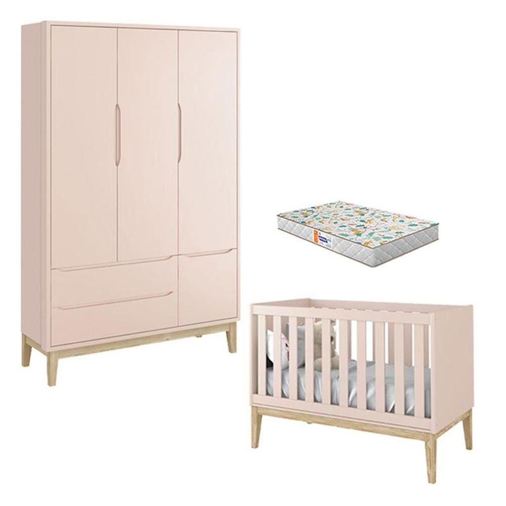 Berço Americano e Guarda Roupa 3 Portas New Classic Rosa com Pés Madeira Natural e Colchão Gazin - Reller