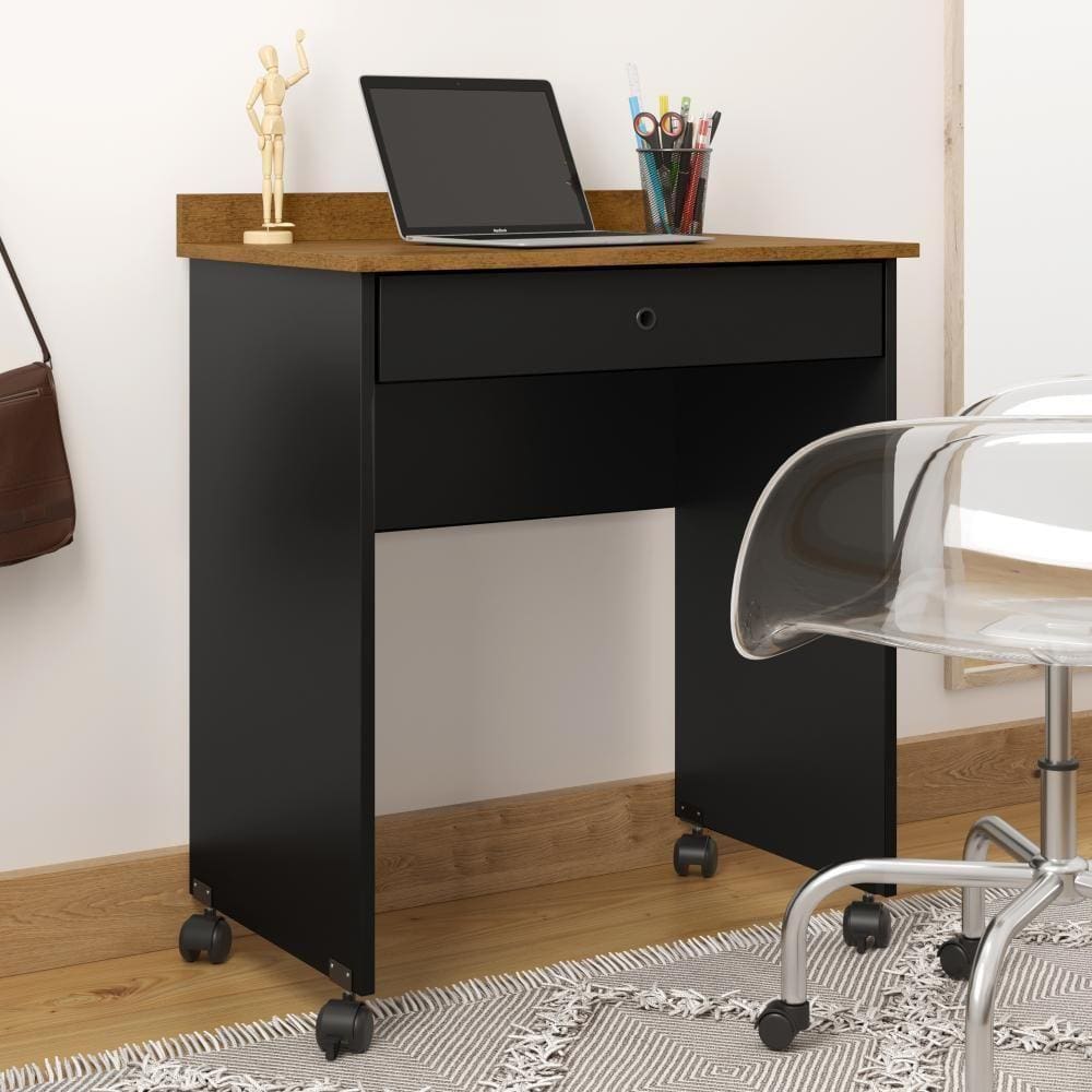 Mesa Para Computador ou Notebook com Gaveta e Rodízios Prisma - Preto com Freijó