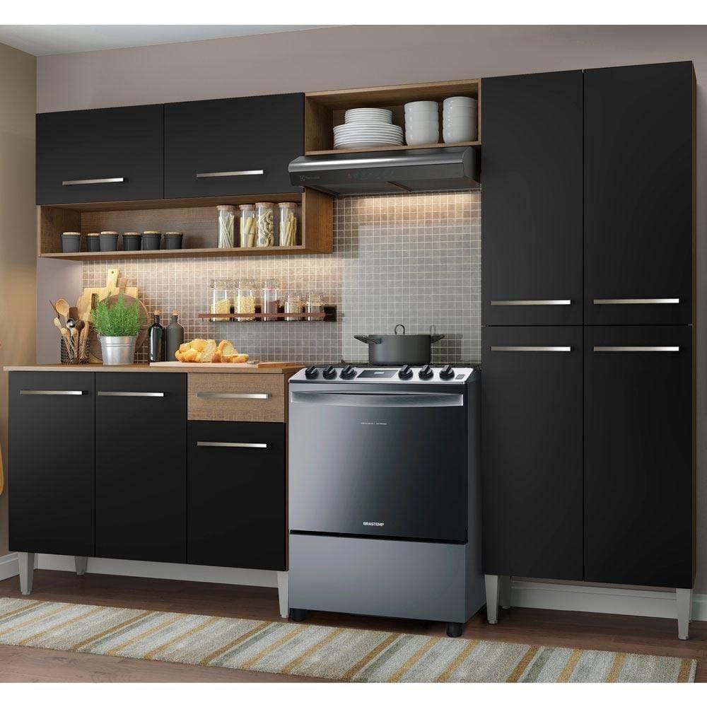 Armário de Cozinha Compacta Emilly com Balcão Rustic Preto