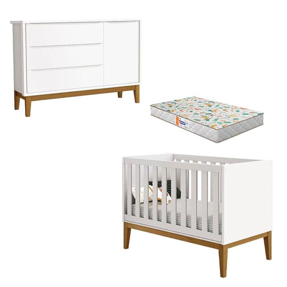 Berço Americano e Cômoda New Classic Branco com Pés Madeira e Colchão Gazin - Reller