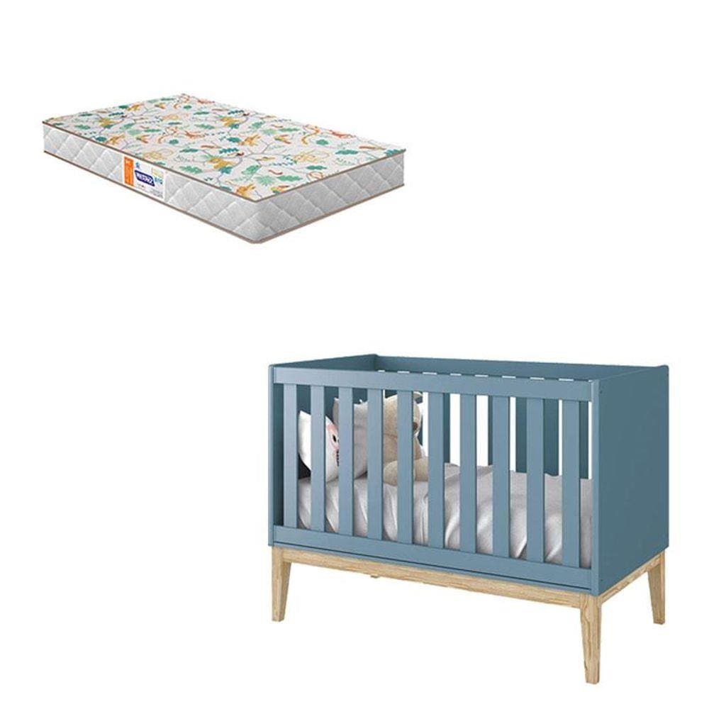 Berço Americano New Classic Azul com Pés Madeira Natural e Colchão Gazin - Reller