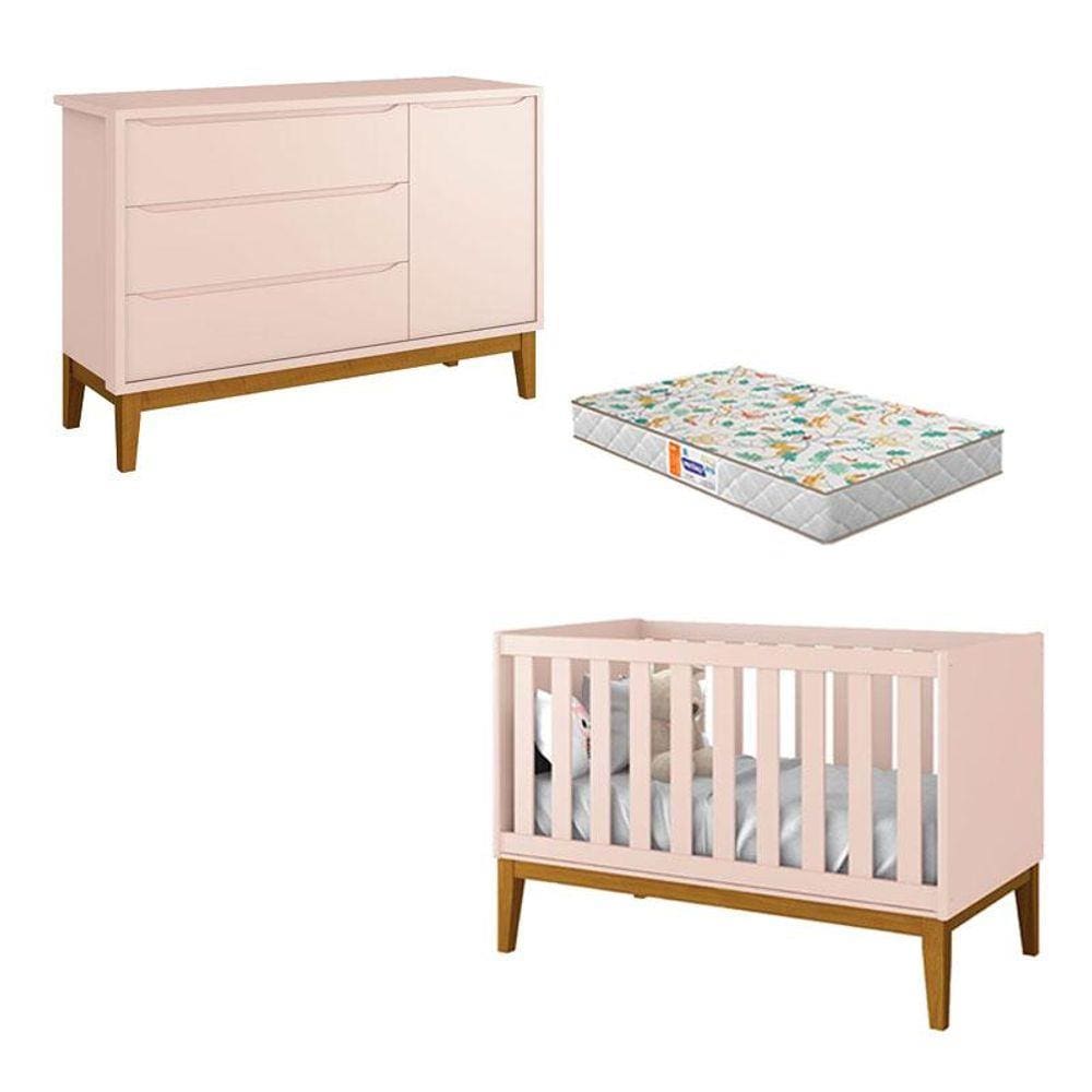 Berço Americano e Cômoda New Classic Rosa com Pés Madeira e Colchão Gazin - Reller