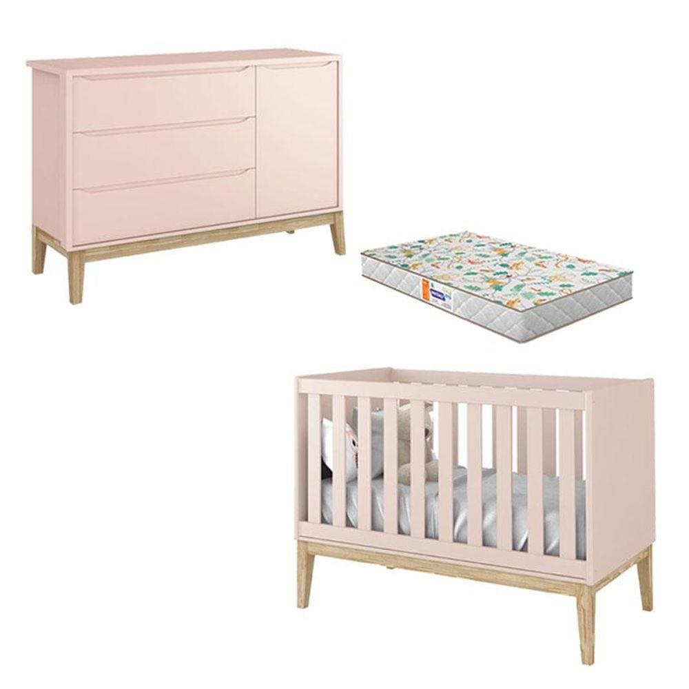 Berço Americano e Cômoda New Classic Rosa com Pés Madeira Natural e Colchão Gazin - Reller