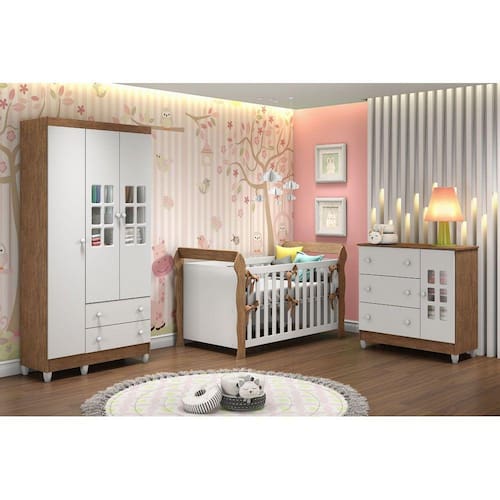 Quarto De Bebê Completo Lara Berço + Guarda Roupa 3 Portas e Cômoda  Fraldário Branco Brilho Carolina Baby