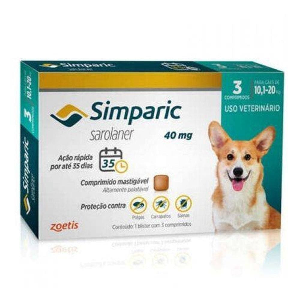 Antipulgas Zoetis Simparic 40 mg para Cães 10,1 a 20 Kg