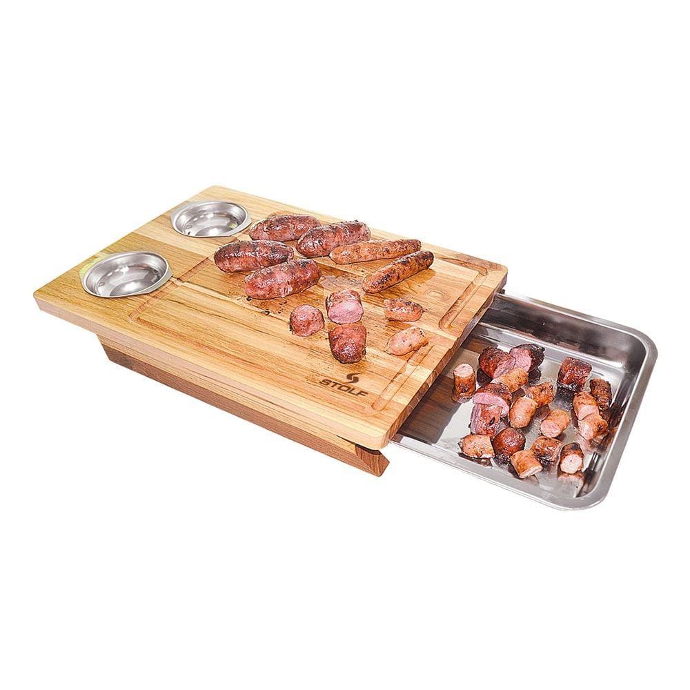 Tabua de corte, Bandeja de inox e dois potes para temperos.