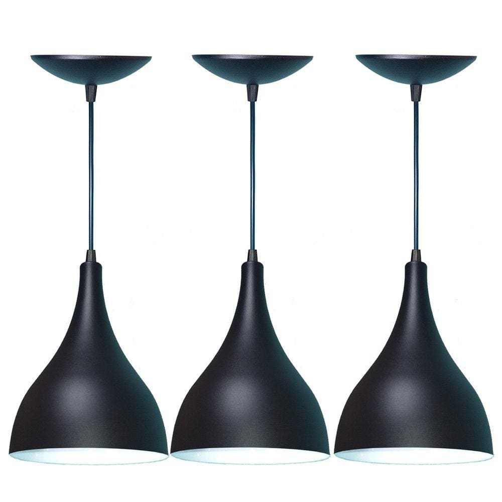 Kit 3 Lustres Pendente Balcão Cozinha Americana -Preta Fosca