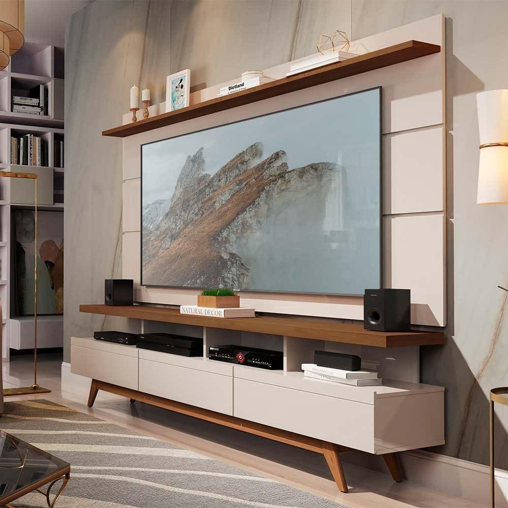 Painel Com Rack Para Sala Vivare Wood 1.8 New Off White Freijó Germai