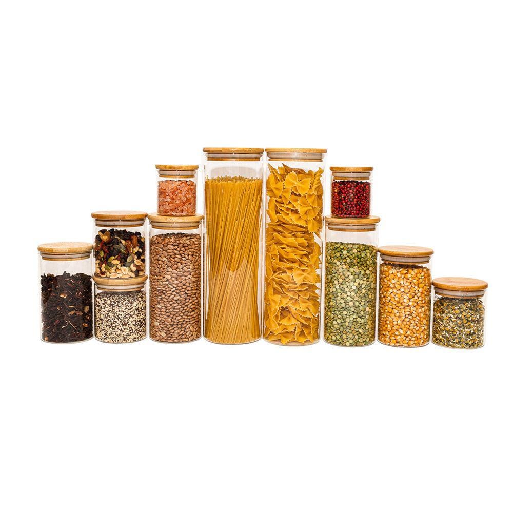 Potes De Vidro De Mantimentos Com Tampa De Bambu 11 Pçs