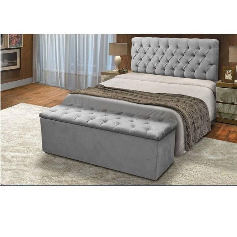 Cabeceira Mais Calçadeira Baú Casal Para Cama Box Cinza Suede