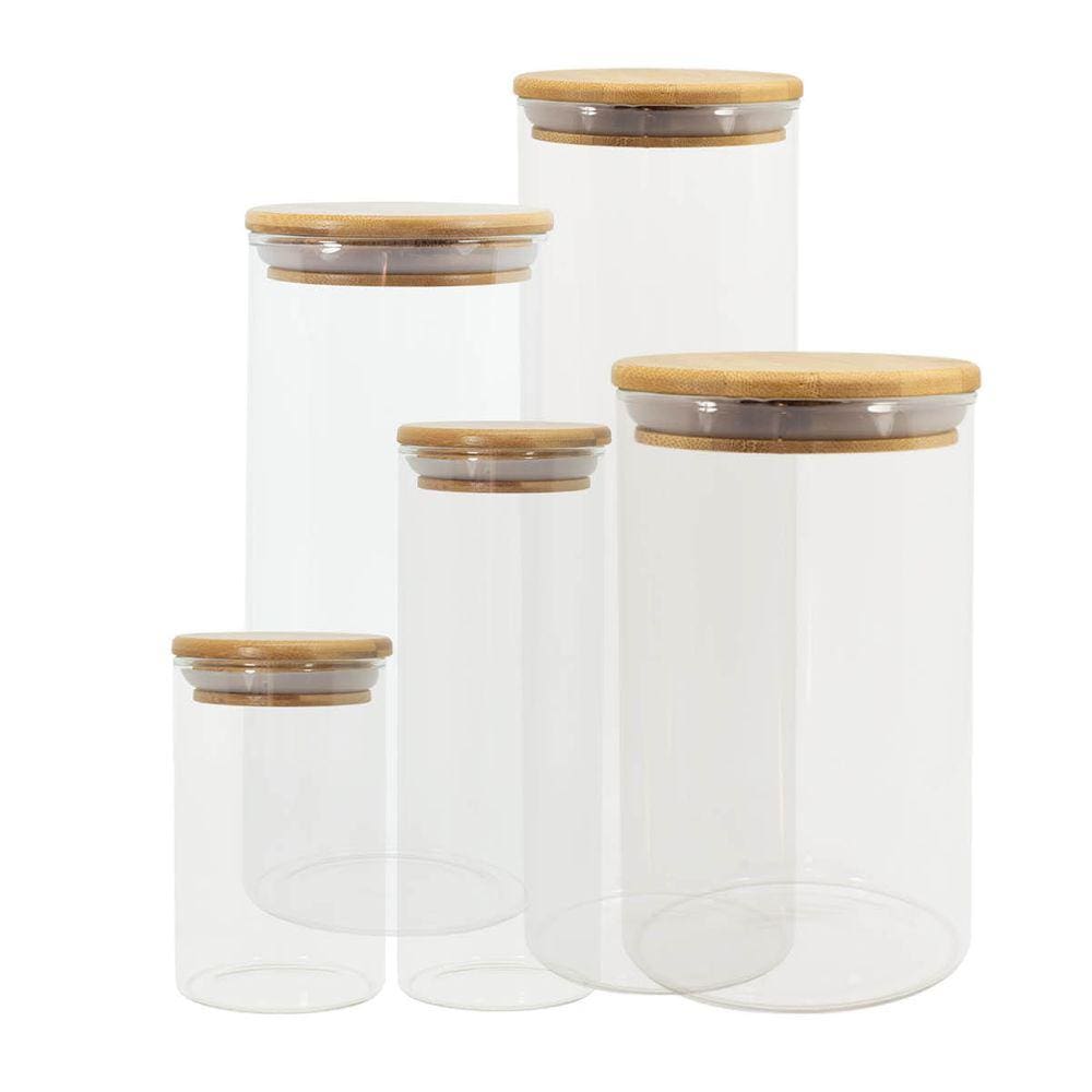 Potes De Vidro P/ Mantimentos C/ Tampa Bambu Oikos - 5 Pçs