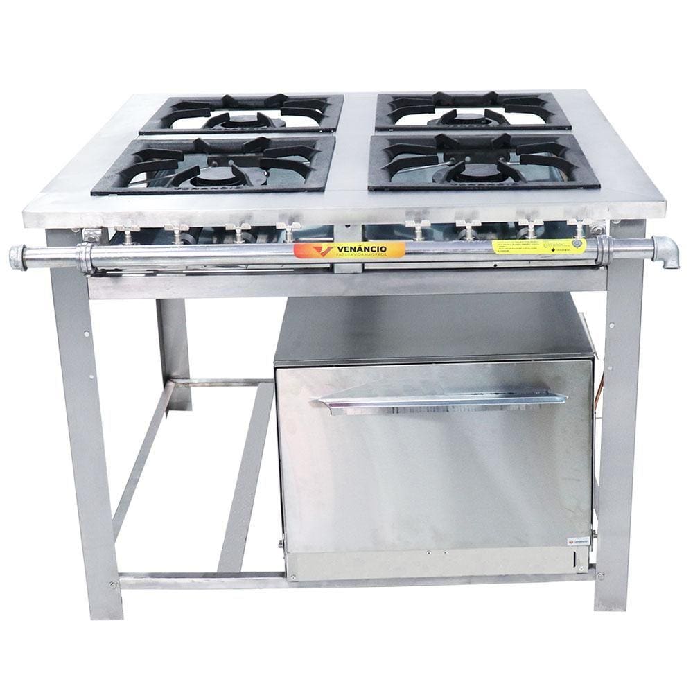 Fogão Industrial Venâncio 4 Bocas Duplas a Gás Baixa Pressão Inox com Forno Maxi MI4D4F
