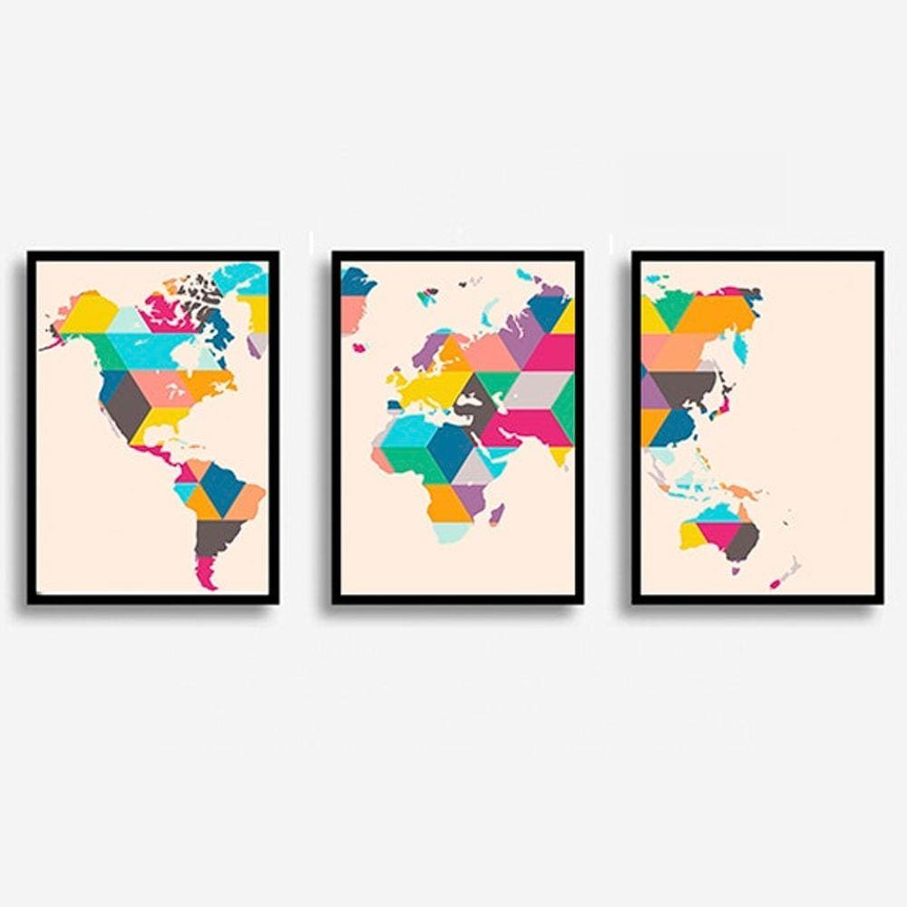 Conjunto Quadros Mapa Mundi Colorido Com Moldura e Vidro
