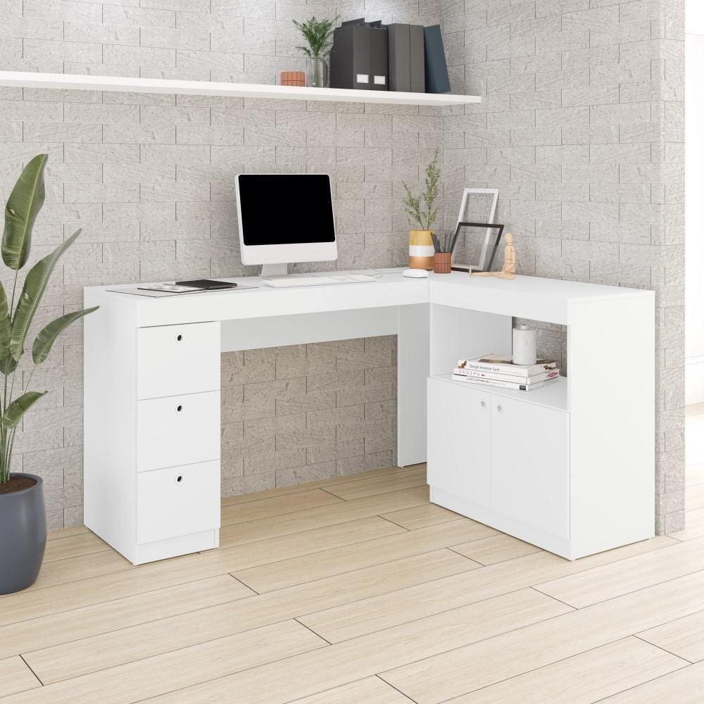 Mesa Escritório L Escrivaninha Portas Gavetas Office Branco