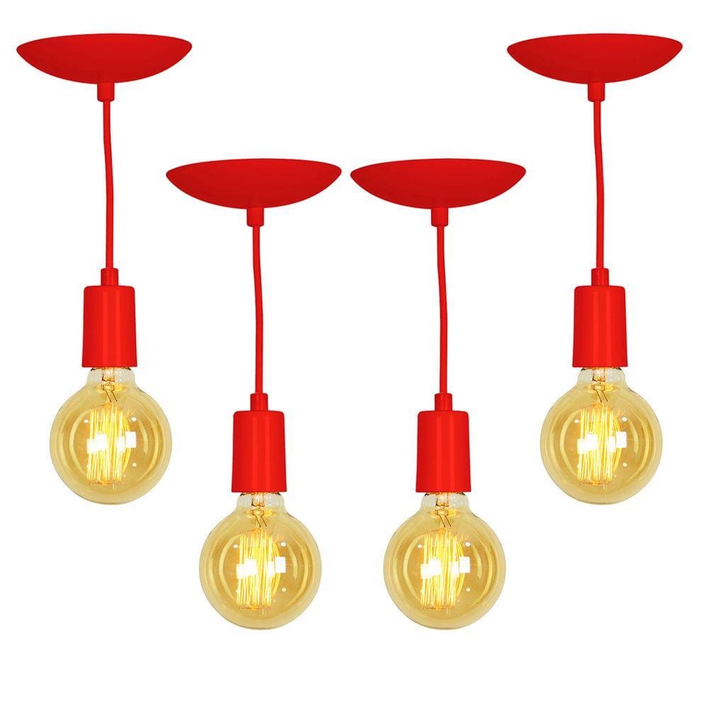 Kit 4 Pendente Tubo Cilindro Alumínio Vermelho Fio 1.20m