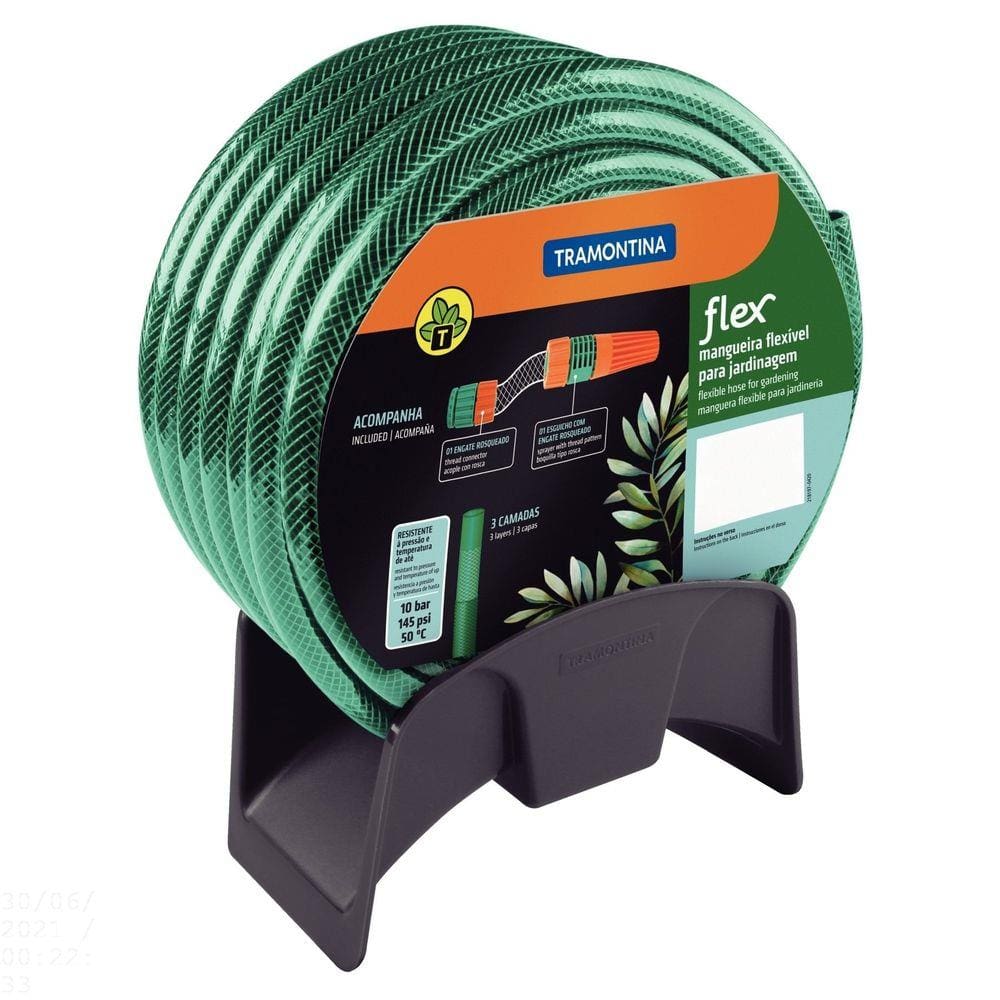 Mangueira Flex Tramontina Verde em PVC 3 Camadas 15 m com Engate Rosqueado, Esguicho e Suporte mural Tramontina