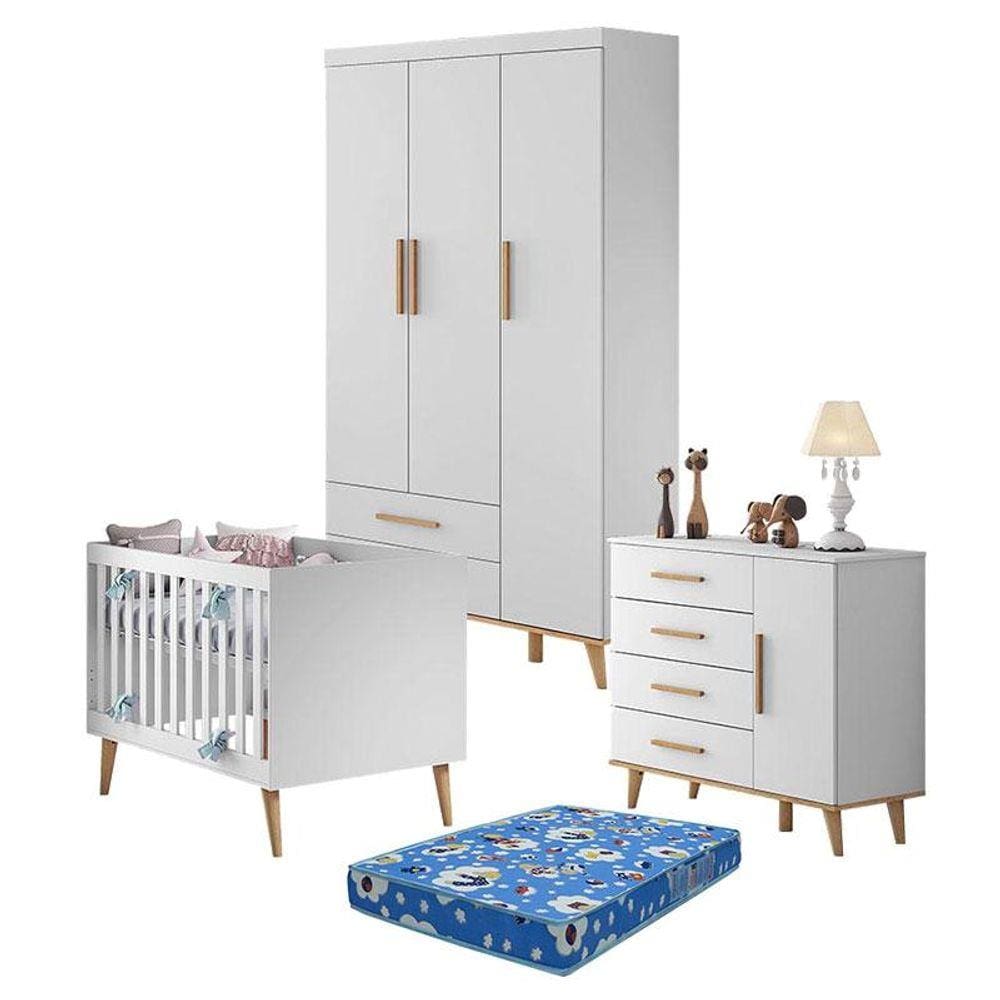 Quarto de Bebê Ludmila Branco Bétula com Colchão Ortobom - Carolina