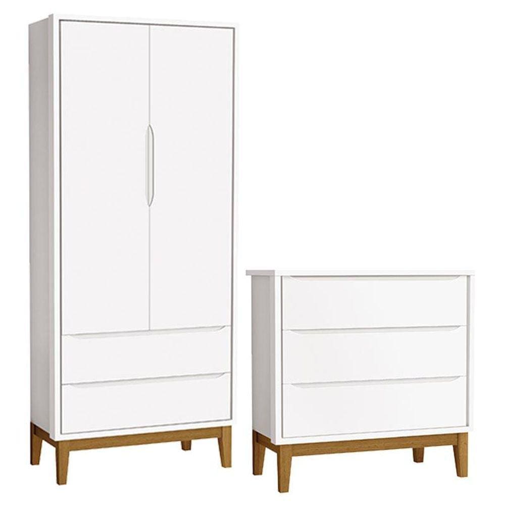 Cômoda Gaveteiro e Guarda Roupa Infantil 2 Portas New Classic Branco com Pés Madeira - Reller