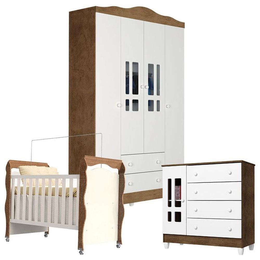 Quarto de Bebê Ariel 4 Portas com Berço New Nanda Branco Acetinado Amadeirado - Carolina