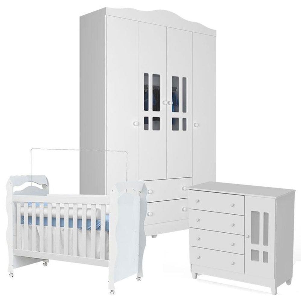 Quarto de Bebê Ariel 4 Portas com Berço New Nanda Branco Brilho - Carolina
