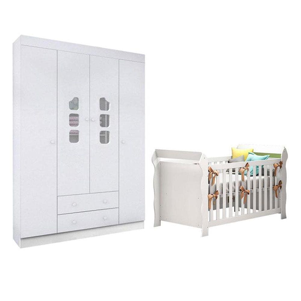 Berço Americano Lara e Guarda Roupa Infantil Lívia Branco Brilho - Phoenix