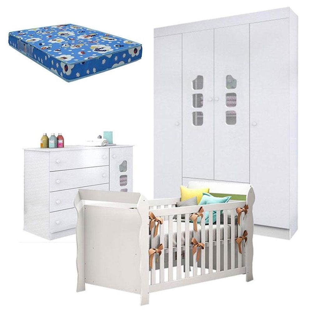 Quarto de Bebê Lívia com Berço Americano Lara Branco Brilho e Colchão - Phoenix