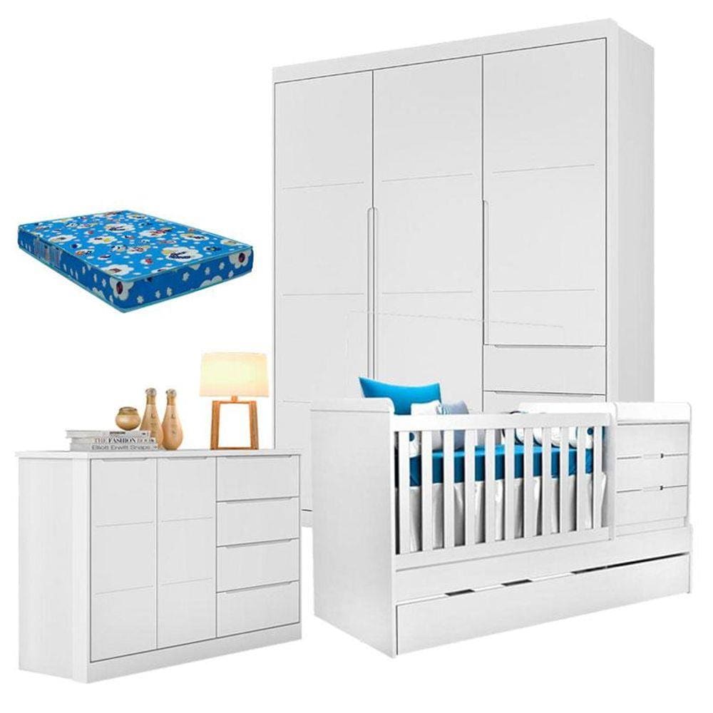 Quarto de Bebê Blenda com Berço Multifuncional Cleo Branco Acetinado e Colchão - Phoenix