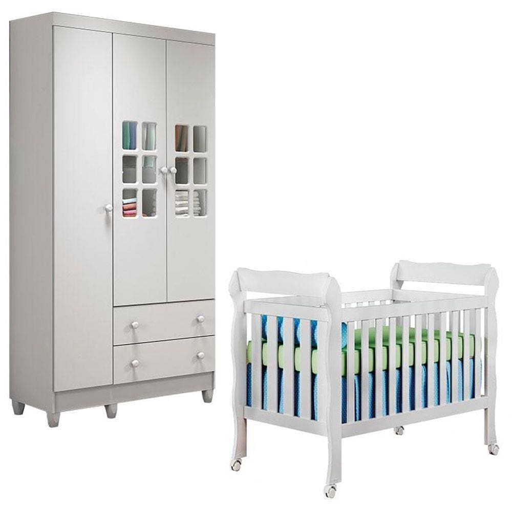 Berço Americano Lila e Guarda Roupa Mariah 3 Portas Branco Brilho - Carolina