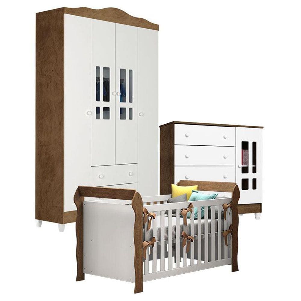 Quarto de Bebê Ariel 4 Portas e Berço Lara Branco Acetinado Amadeirado - Carolina
