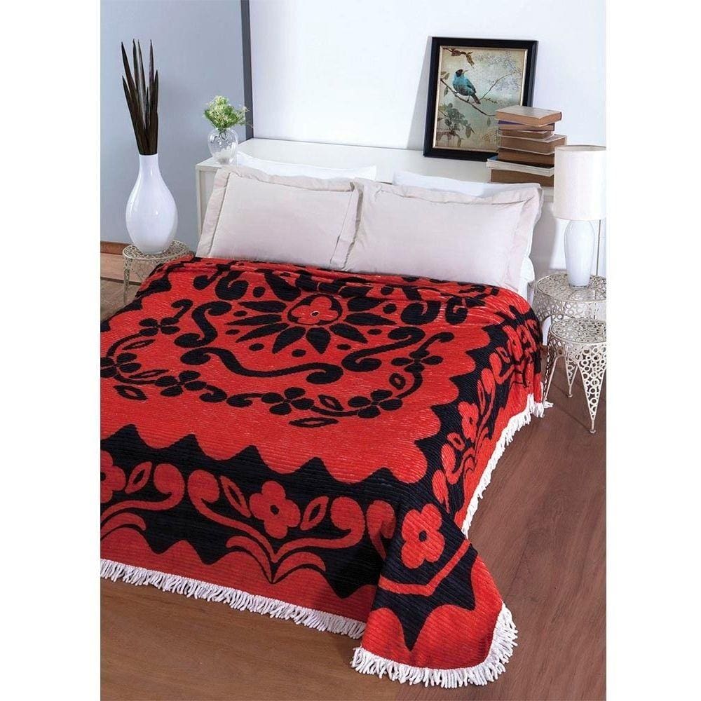 Colcha Casal Chenille Canelada Flórida Vermelho/Preto Aristocrata Jolitex