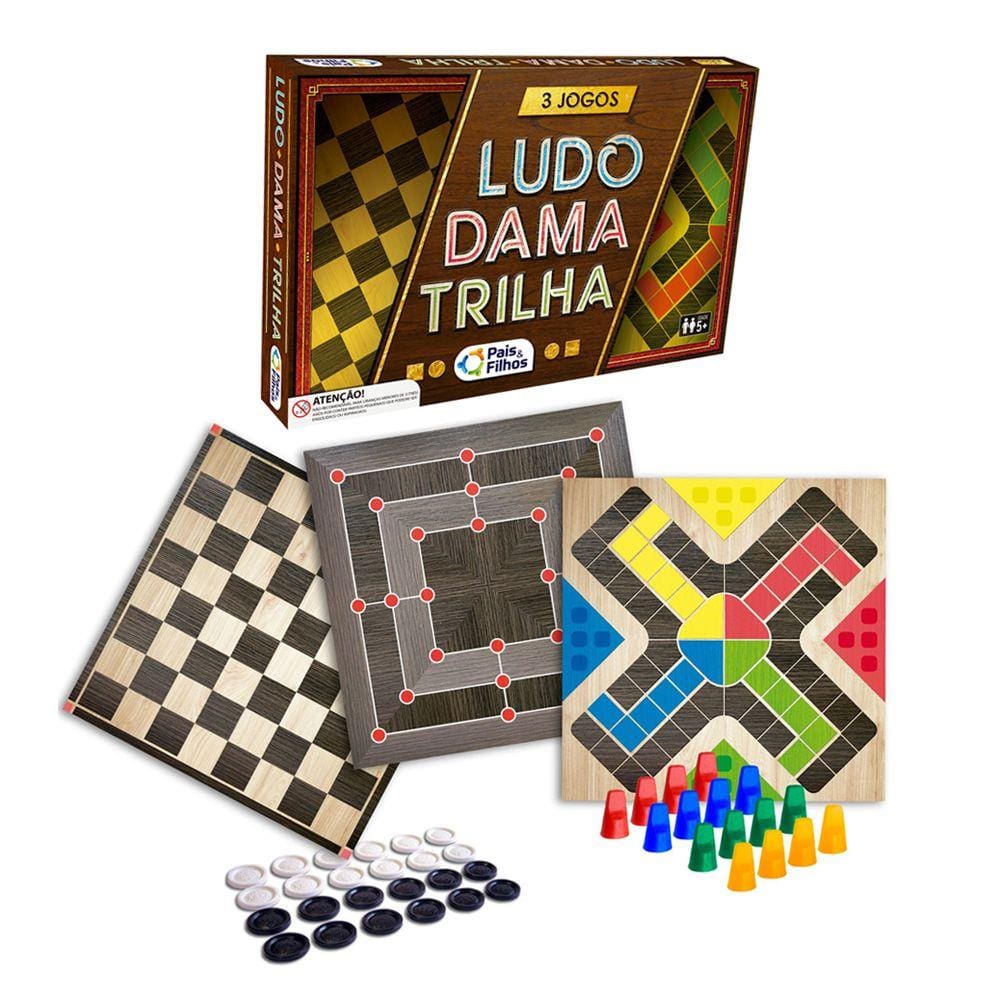 Conjunto 6x1 jogos tabuleiro xadrez damas trilha ludo junges