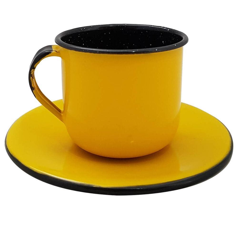Caneca Esmaltada Xícara Com Pires Para Chá Café 180ml Amarelo