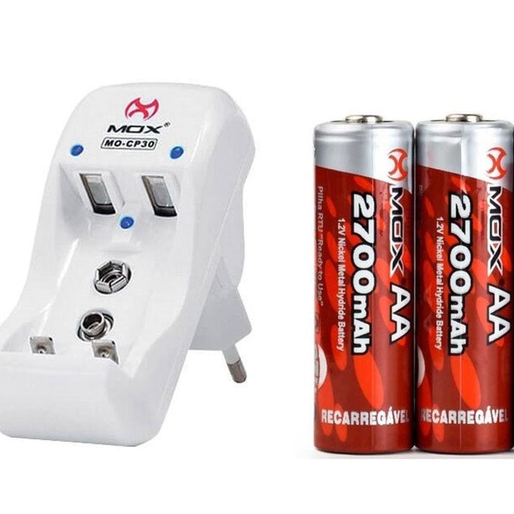Carregador com Pilhas 2 AA Recarregável Mox 2700 mAh Bivolt