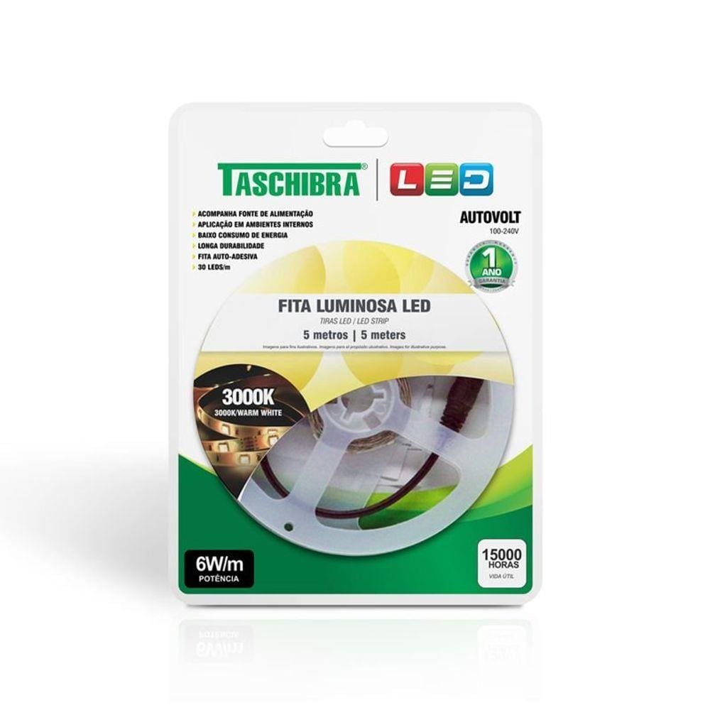 Fita de Led Taschibra com 5 metros 6W Bivolt 3000K Luz Amarela