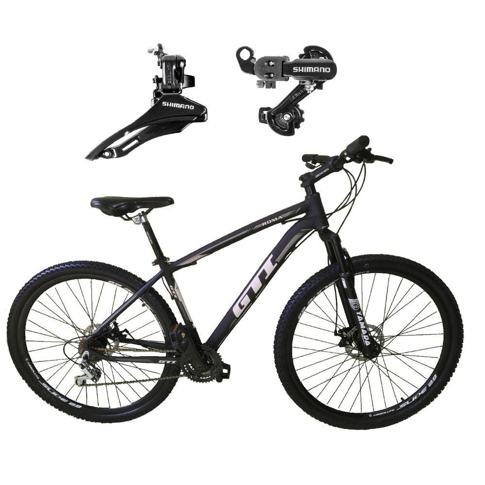 Bicicleta Aro 29 Gti Roma Alumínio Câmbios Shimano 21v Freio A Disco Garfo Suspensão - Preto/Cinza
