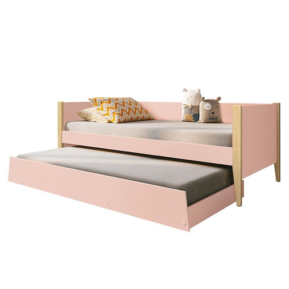 Bicama Solteiro Noah Rosa com Pés Madeira Natural - Reller