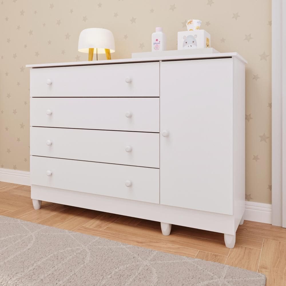Cômoda Infantil 4 Gavetas com Fraldário Taís Branco Brilho Carolina Baby