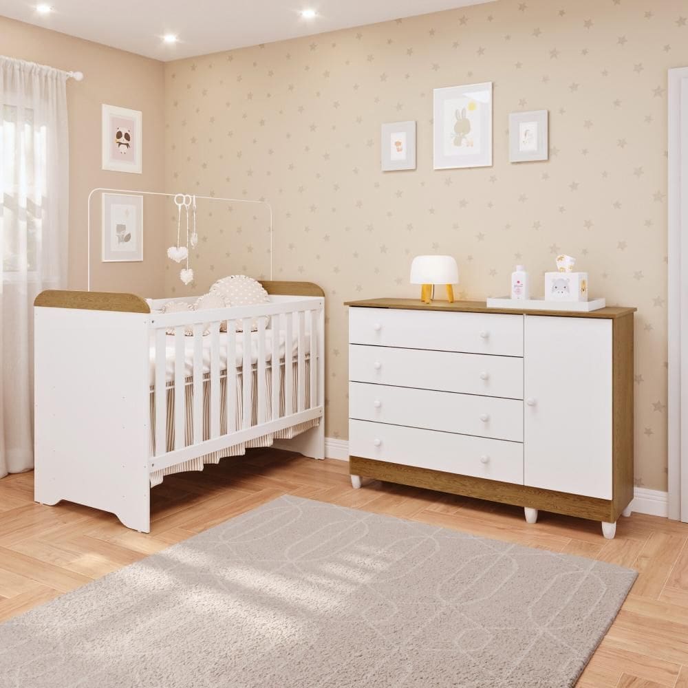 Quarto de Bebê Cômoda 4 Gavetas com Fraldário Taís Berço 3 em 1 Gabrielle Branco Amadeirado Carolina Baby