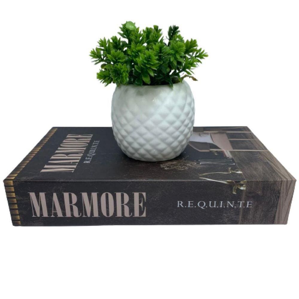 Livro decorativo `Marmore Requinte` e vaso branco cerâmico