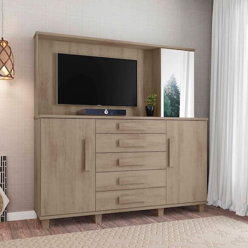 comoda com painel grande casal 5 gavetas 2 portas espelho altura 186 cm largura 183 cm bege