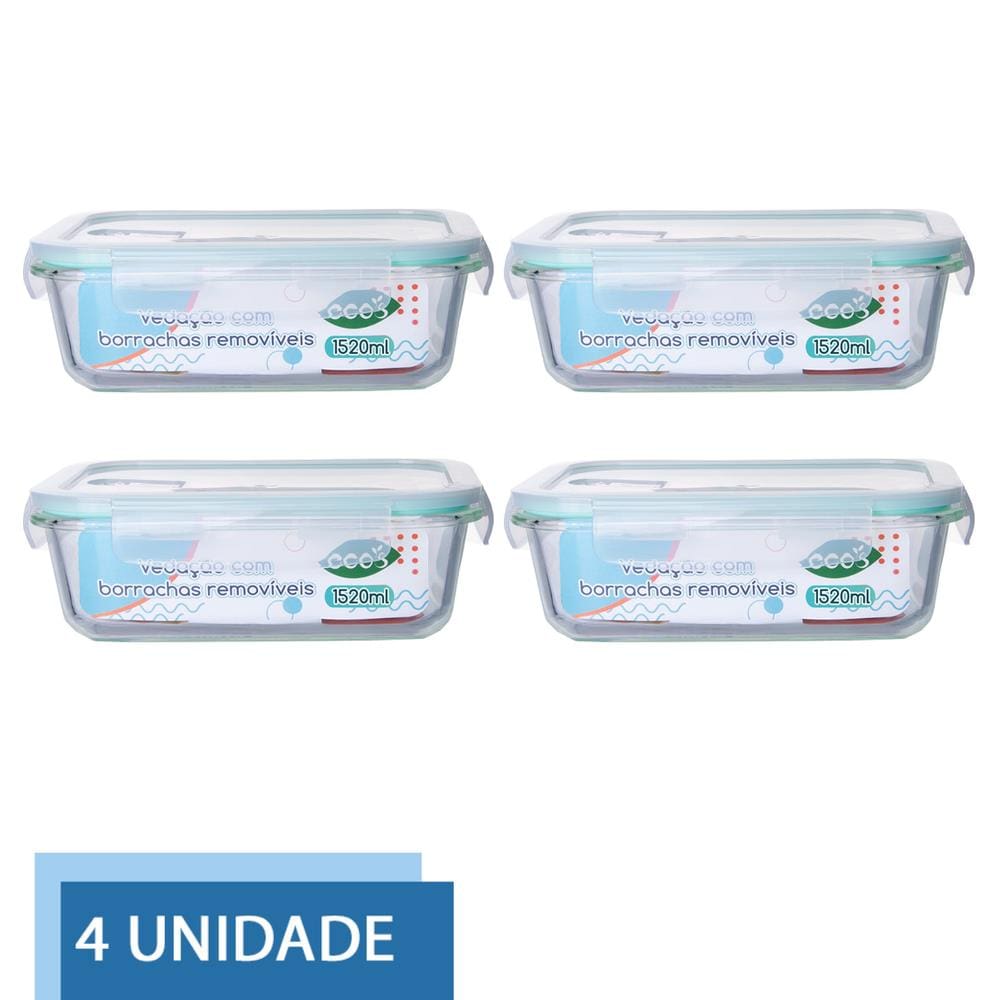 Jogo 4 Pote de Vidro Hermético Marmita Tampa 4 Travas 1520ml