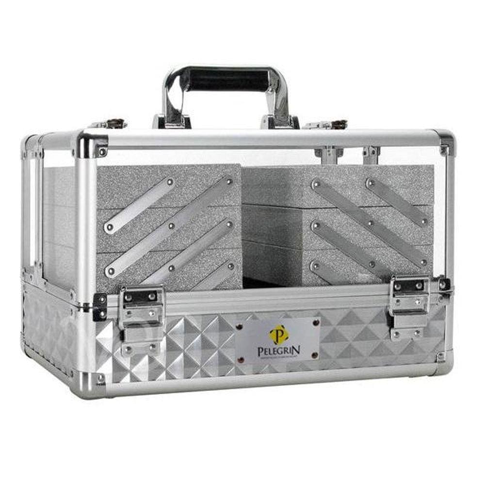 Maleta Maquiagem Joias Alumínio e Acrílico Pelegrin PEL-M1019 Prata