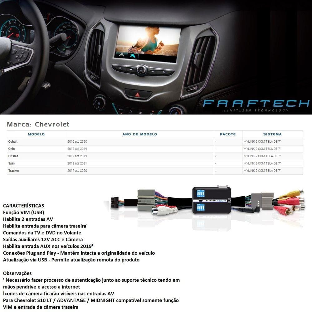 Desbloqueio de Multimídia Faaftech FT-VF-GM16 para Chevrolet GM Onix Prisma Cobalt Spin Tracker Myli