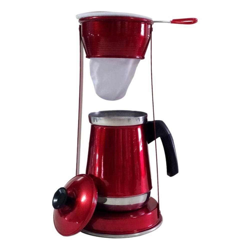 Bule Com Mancebo Coador De Café Vermelho Retro Em Alumínio
