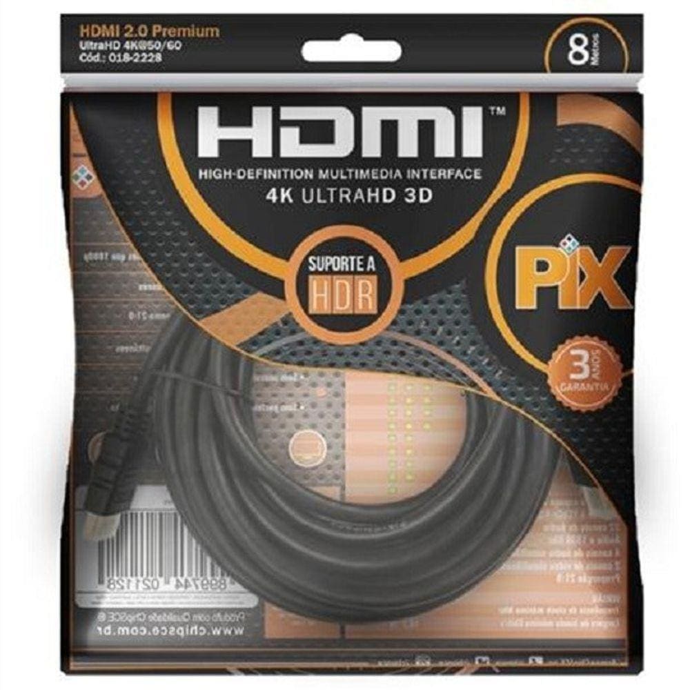 Cabo Hdmi 8m 2.0 19 Pinos Ethernet 8 Metros 4k Ultra Hd 3d