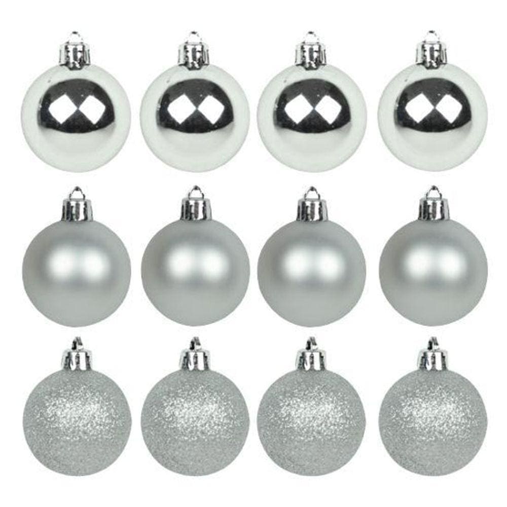 Bola De Natal Mista Fosca Lisa Glitter Prata 24 Pecas 5Cm