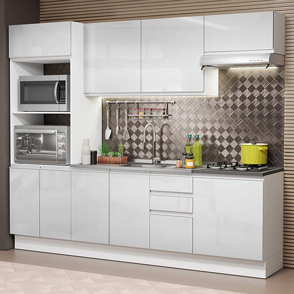 Cozinha Completa 100% MDF Madesa Acordes 250003 com Armário e Balcão - Frentes Branco Brilho