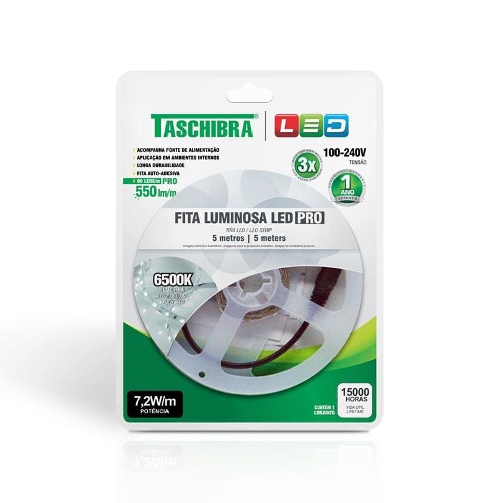 Fita de Led Taschibra com 5 metros 7,2W Bivolt 6500K Luz Branca