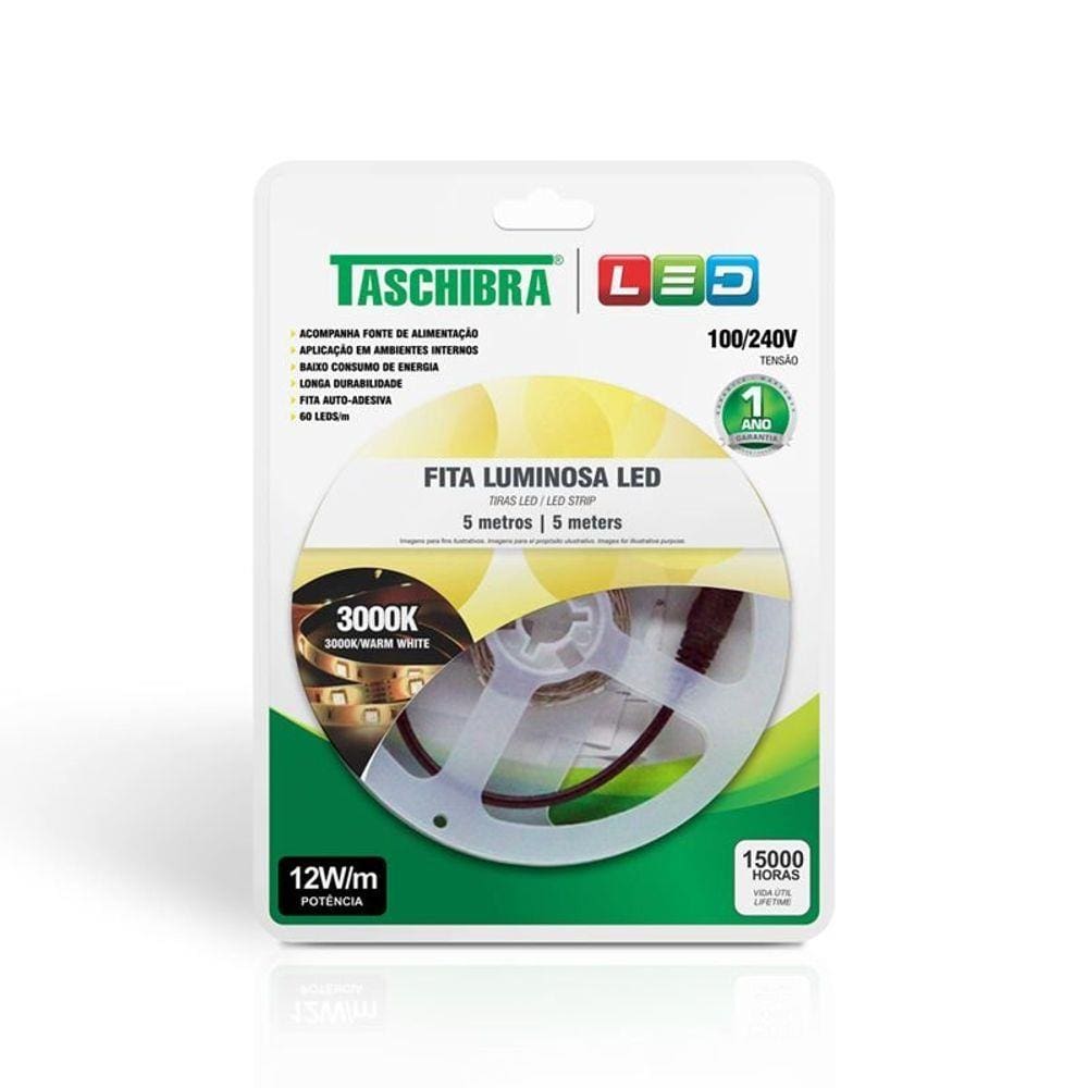 Fita de Led Taschibra com 5 metros 12W Bivolt 3000K Luz Amarela